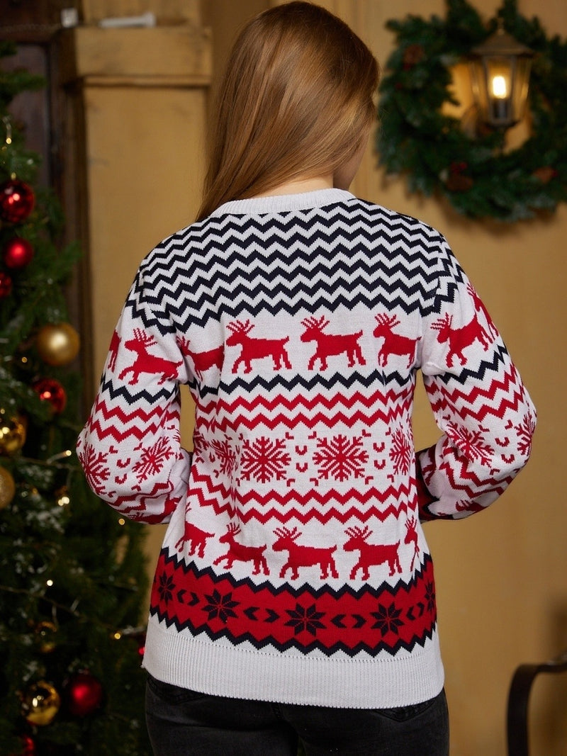 Women's Christmas Reindeer Xmas Snowflake Patterns Knitted Sweater Long Sleeve Elk Floral Printed Pullover