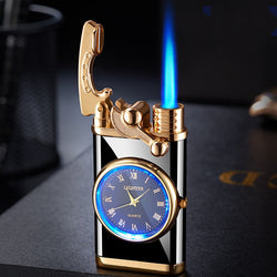 Nuevo encendedor con reloj eléctrico Brazo basculante Encendido automático Encendedor de llama azul recto Esfera real creativa Encendedor inflable a prueba de viento Reloj para hombres Regalo