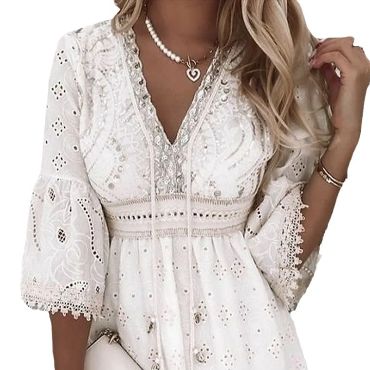 White V-collar Hollow Tassel Embroidered Dress