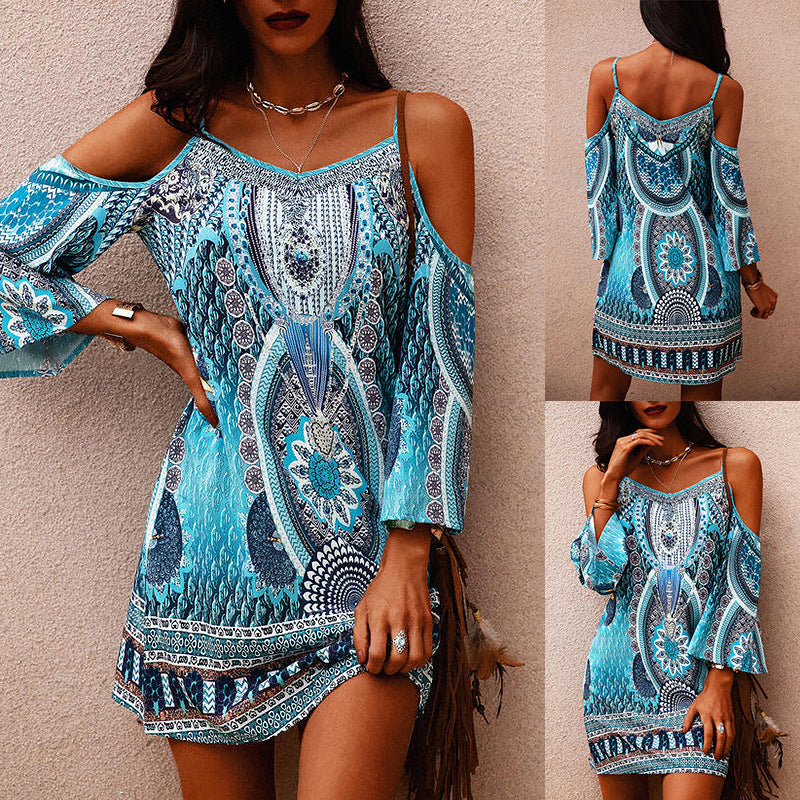 Women's Summer Printed V-neck Hollow-out Short Sleeve Suspenders Dress