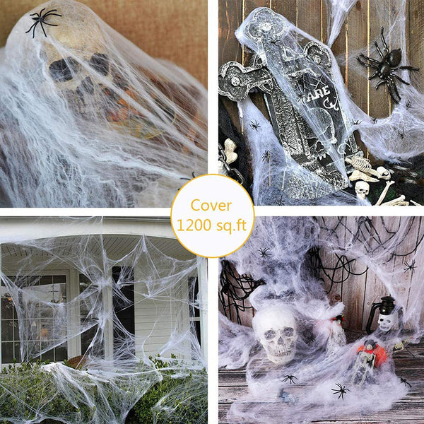 Decoraciones de telaraña de Halloween de pies cuadrados, correas blancas súper elásticas