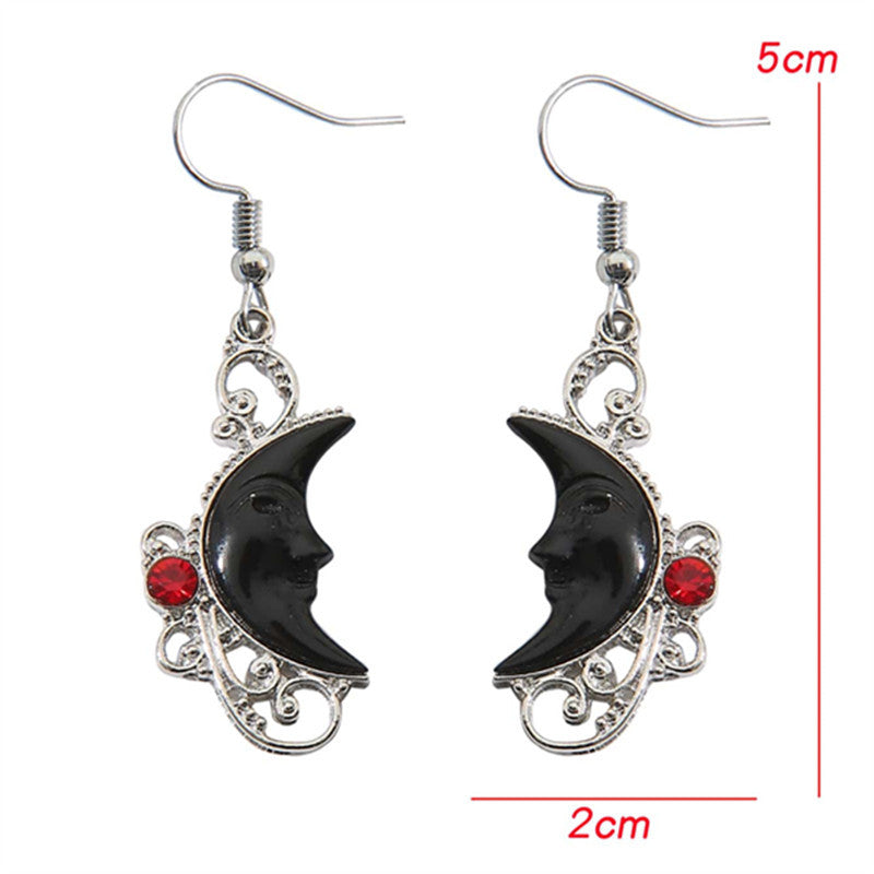 Hollowed Fashion Carved Gem Black Moon Earrings