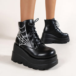 Black Martin Boots Fashion Spider Web Print Shoes Chunky Heel Boots For Women