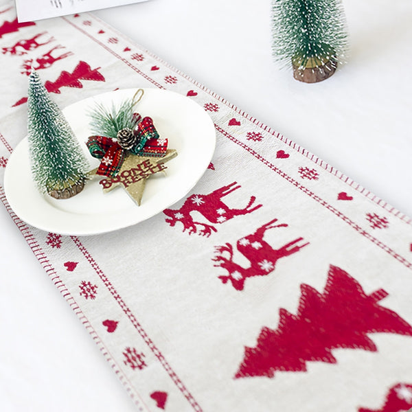 Camino de mesa navideño con alce y muñeco de nieve, adornos navideños