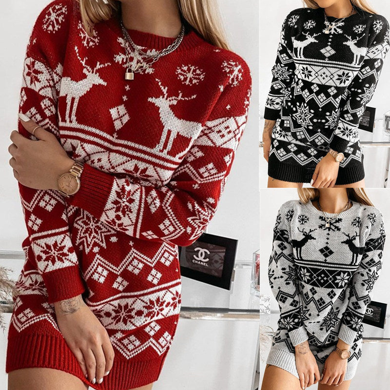 Vestido de punto jacquard navideño con copo de nieve de alce Suéteres de punto largos