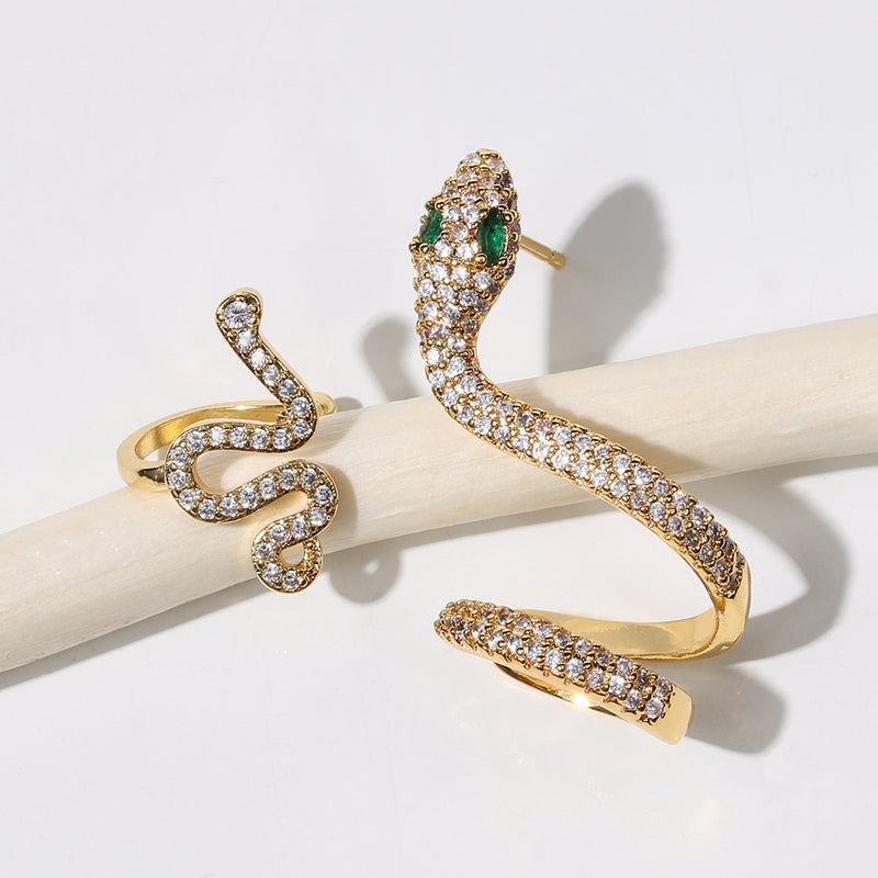 Three-Dimensional Animal Ear Clip Zircon Gold Snake Earrings