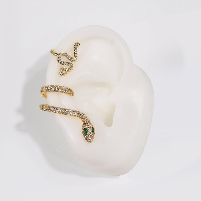 Three-Dimensional Animal Ear Clip Zircon Gold Snake Earrings