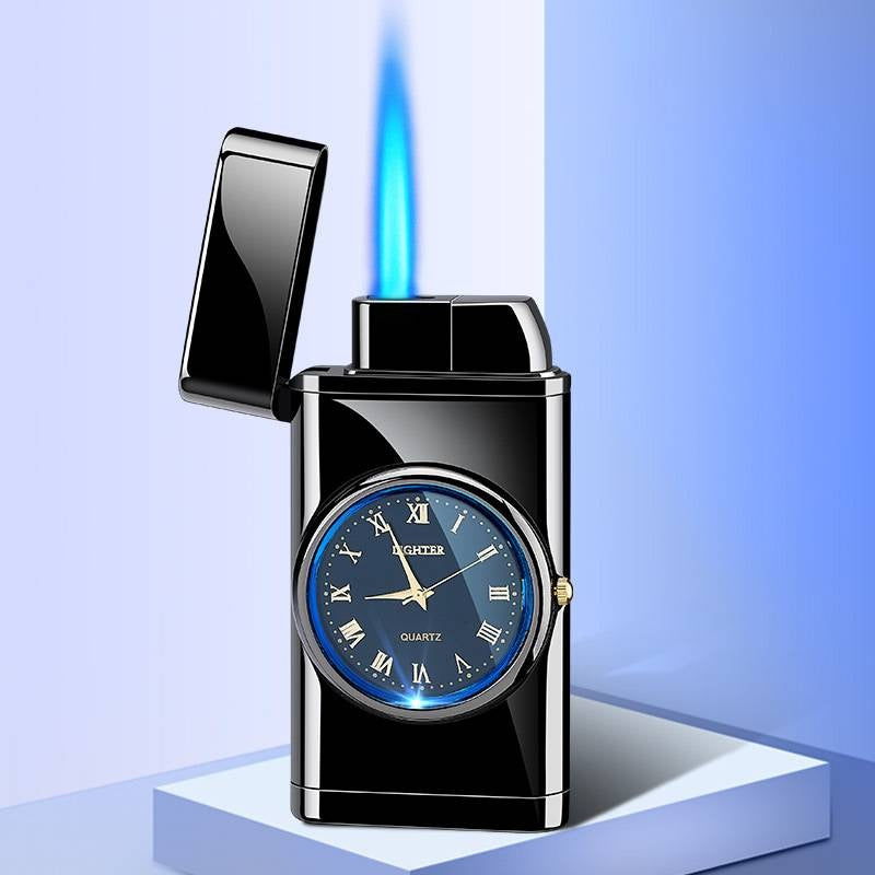 Nuevo encendedor con reloj eléctrico Brazo basculante Encendido automático Encendedor de llama azul recto Esfera real creativa Encendedor inflable a prueba de viento Reloj para hombres Regalo