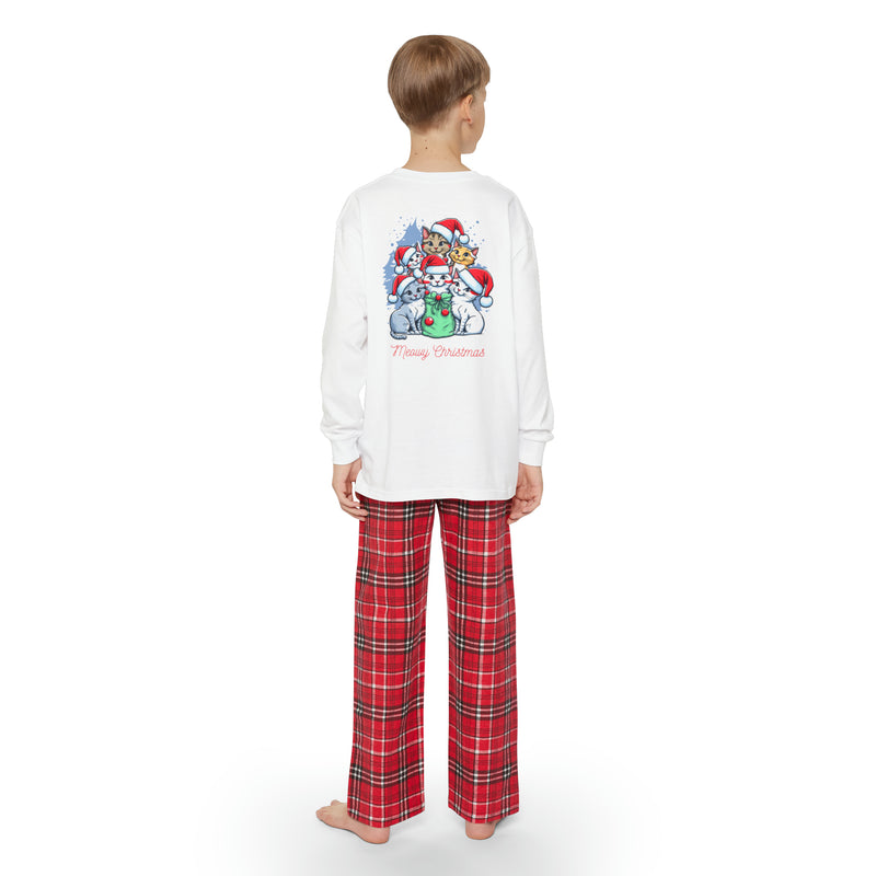 Youth Long Sleeve Holiday Outfit Set - Merry Christmas Kittens