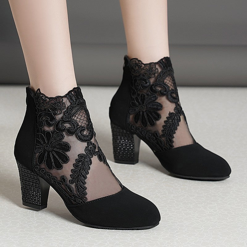 Women's Lace Mesh Chunky Heel Sandals