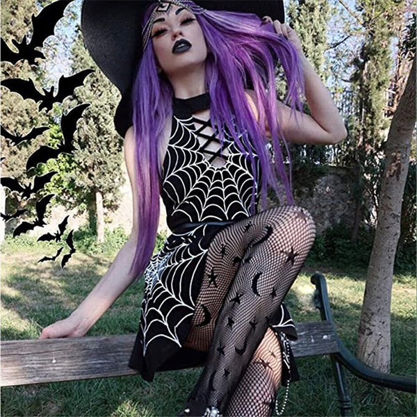 Halter Hollow Cross Spider Web Personalized Print Dress