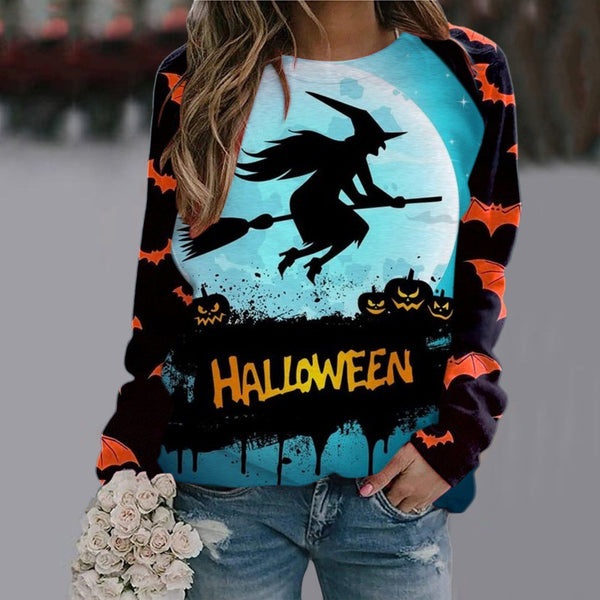 Sudadera con estampado de dibujos animados de Halloween, jersey de manga larga, Tops para mujer