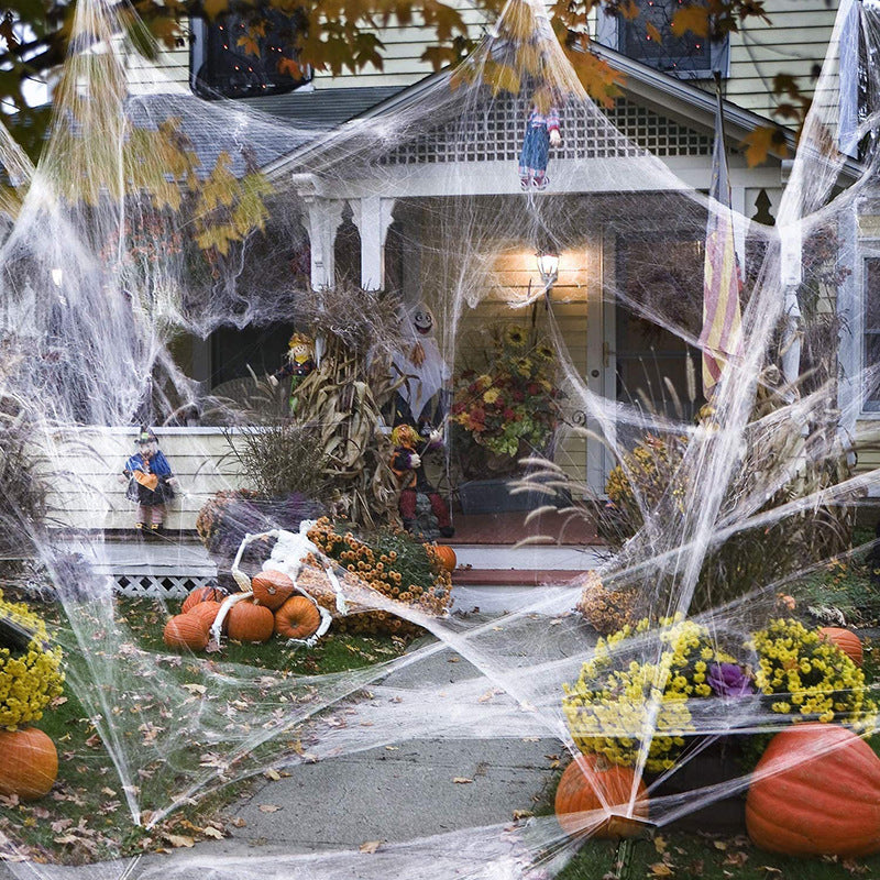 Decoraciones de telaraña de Halloween de pies cuadrados, correas blancas súper elásticas