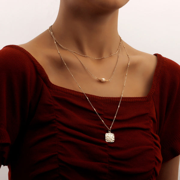 Jewelry Ins Multilayer Spider Web Pearl Square Pendant Necklace Women