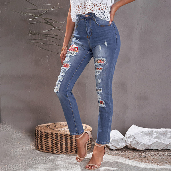 Jeans Rasgados Estilo Étnico De Mujer Cintura Alta