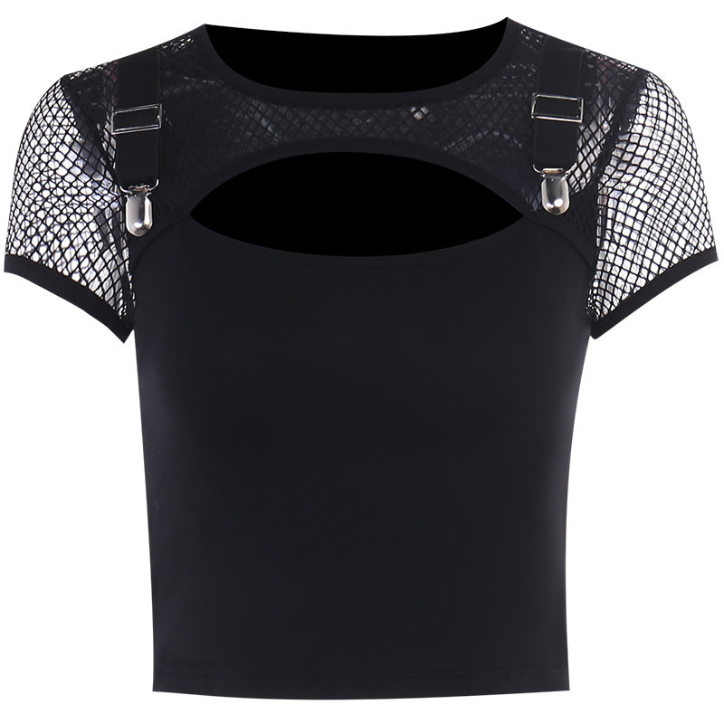 Women Pure Black Fashion Slim Hollow Mesh Patchwork Top