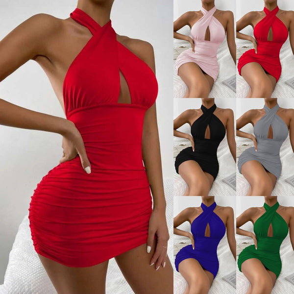 Nuevo Vestido tubo de Color liso con cuello Halter cruzado y temperamento para mujer