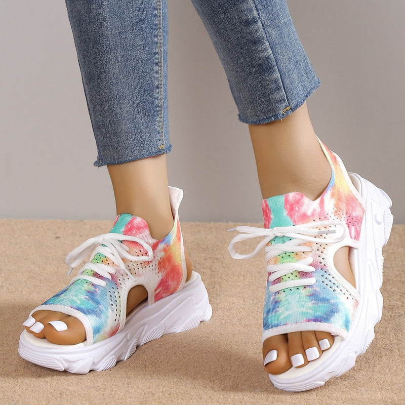 Print Lace-up Sports Sandals Summer Peep Toe Casual Mesh Shoes