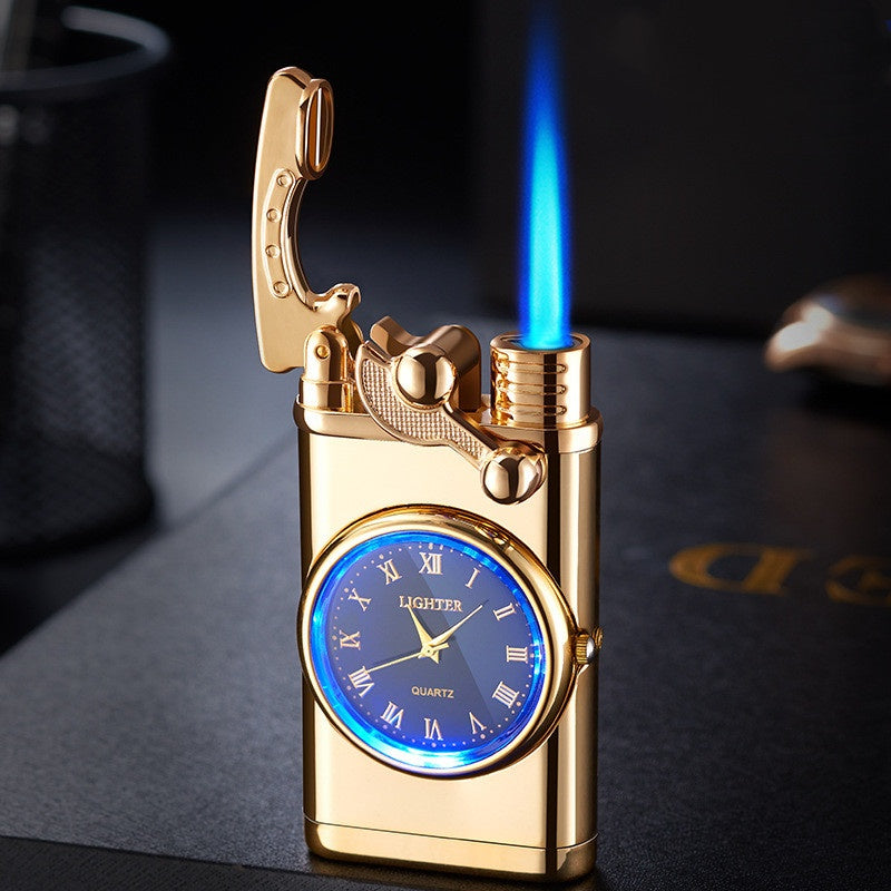 Nuevo encendedor con reloj eléctrico Brazo basculante Encendido automático Encendedor de llama azul recto Esfera real creativa Encendedor inflable a prueba de viento Reloj para hombres Regalo