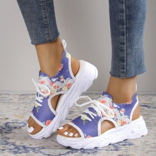 Print Lace-up Sports Sandals Summer Peep Toe Casual Mesh Shoes