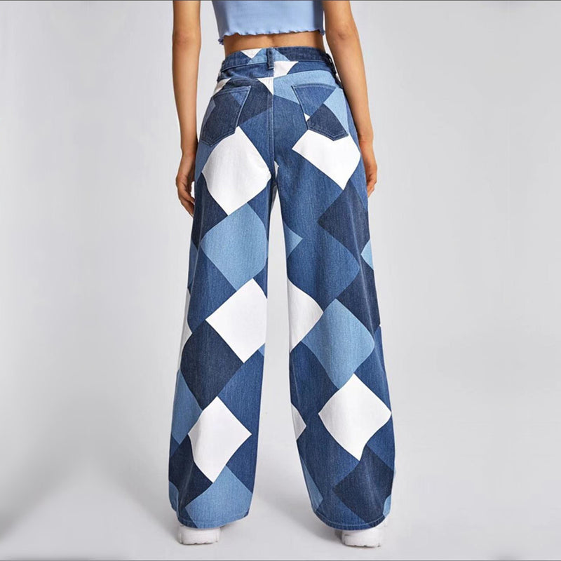 Casual High-waisted Large Straight Leg Printed Denim Pants