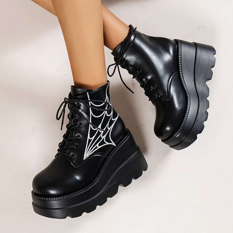 Black Martin Boots Fashion Spider Web Print Shoes Chunky Heel Boots For Women