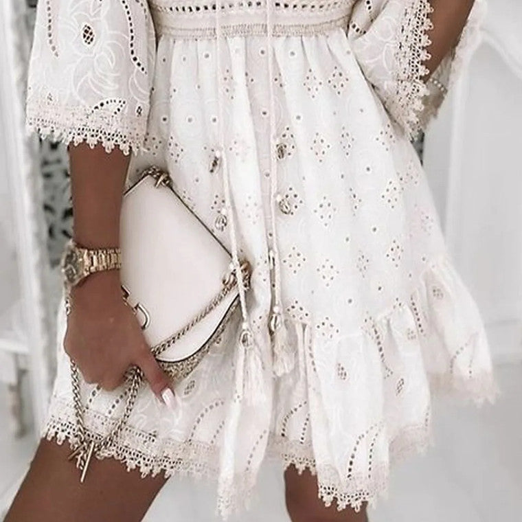 White V-collar Hollow Tassel Embroidered Dress