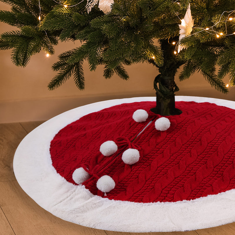 Falda de árbol de Navidad de punto con pompón blanco, delantal inferior, chal