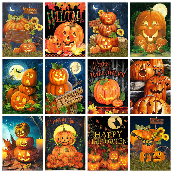 Pintura de diamante Halloween bordado calabaza cuadrado completo mosaico de diamantes dibujos animados