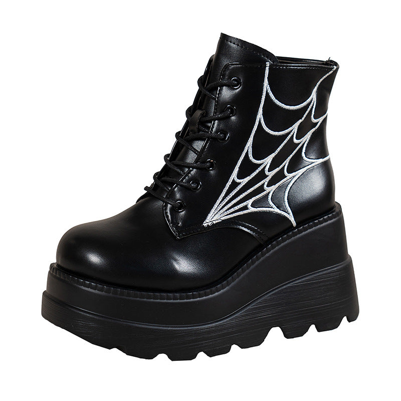 Black Martin Boots Fashion Spider Web Print Shoes Chunky Heel Boots For Women