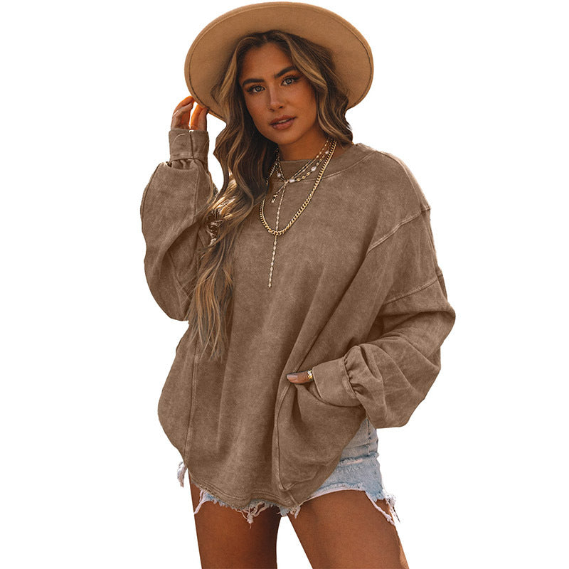 Women's Fashion All-matching Solid Color Loose Sweater Round Neck Long Sleeve Top