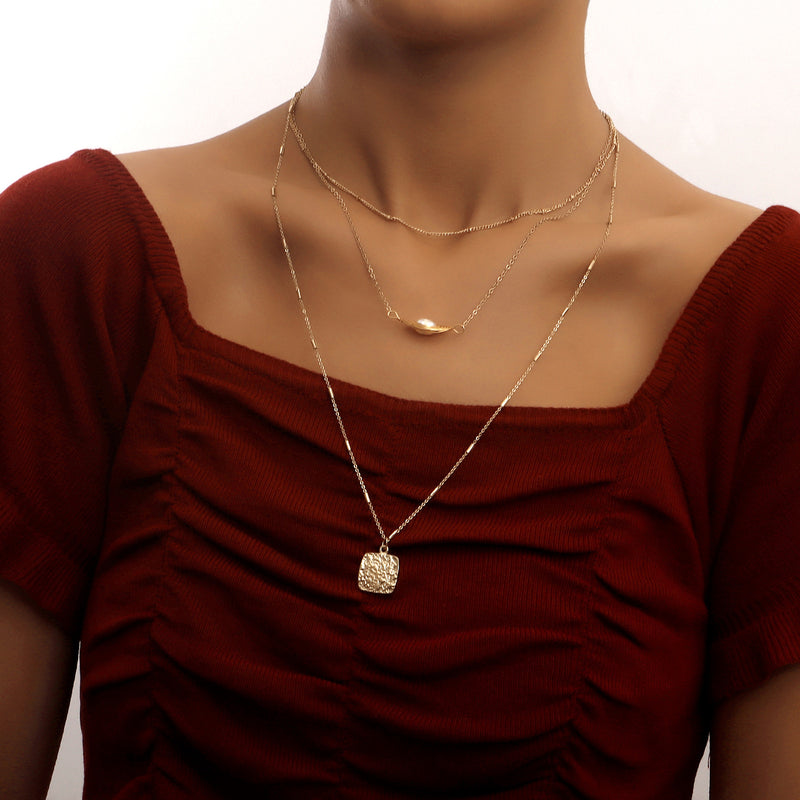 Jewelry Ins Multilayer Spider Web Pearl Square Pendant Necklace Women