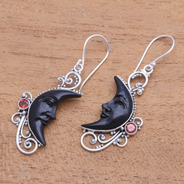 Hollowed Fashion Carved Gem Black Moon Earrings