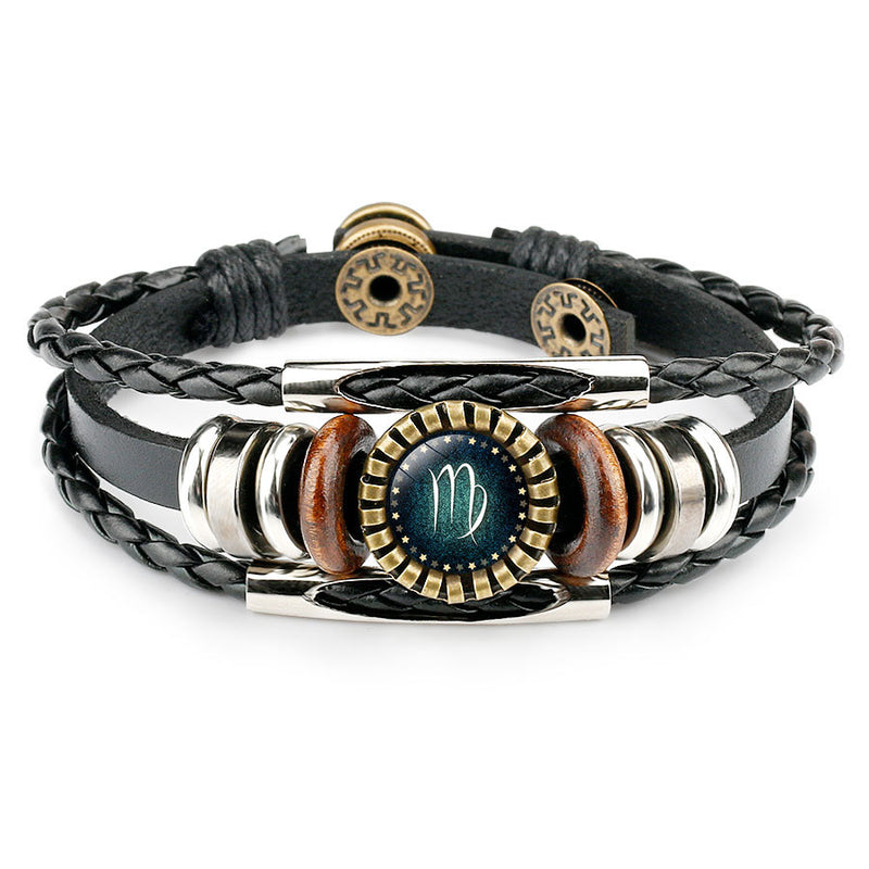 Pulsera de cuero multicapa 12 constelación signo del zodíaco hombres pulseras trenzadas