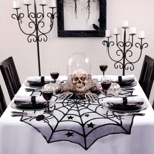 Halloween black spider web bat lace curtain