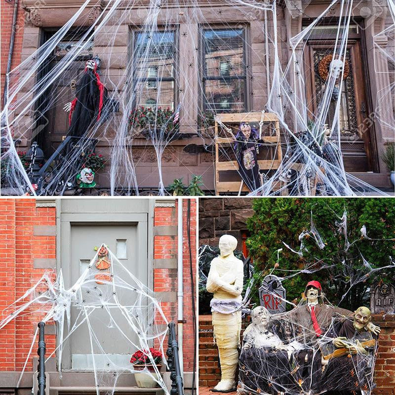 Decoraciones de telaraña de Halloween de pies cuadrados, correas blancas súper elásticas