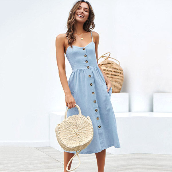 Women's Sling Button Backless Dress