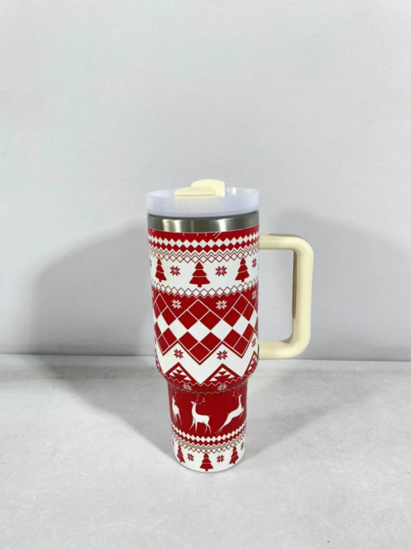 Nueva taza de diseño navideño con tapa con asa, vaso de vacío de acero inoxidable con pajita, taza de café de viaje para coche de gran capacidad