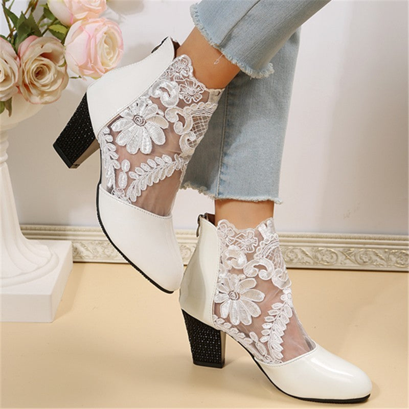 Women's Lace Mesh Chunky Heel Sandals