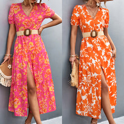 Short Sleeve And Long Pattern Dress