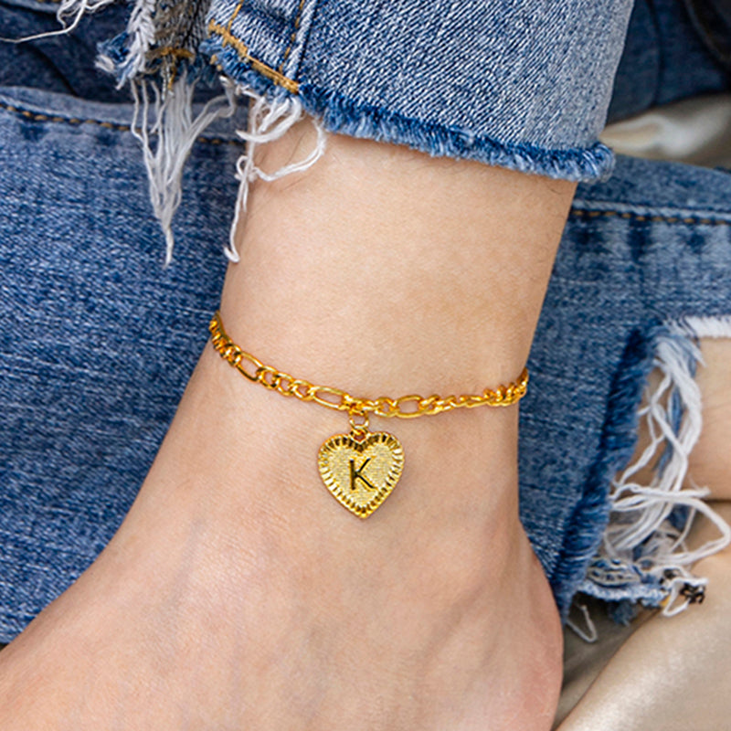 Tobillera con letra inicial, pulseras de pie con colgante de corazón de Color dorado para mujer 