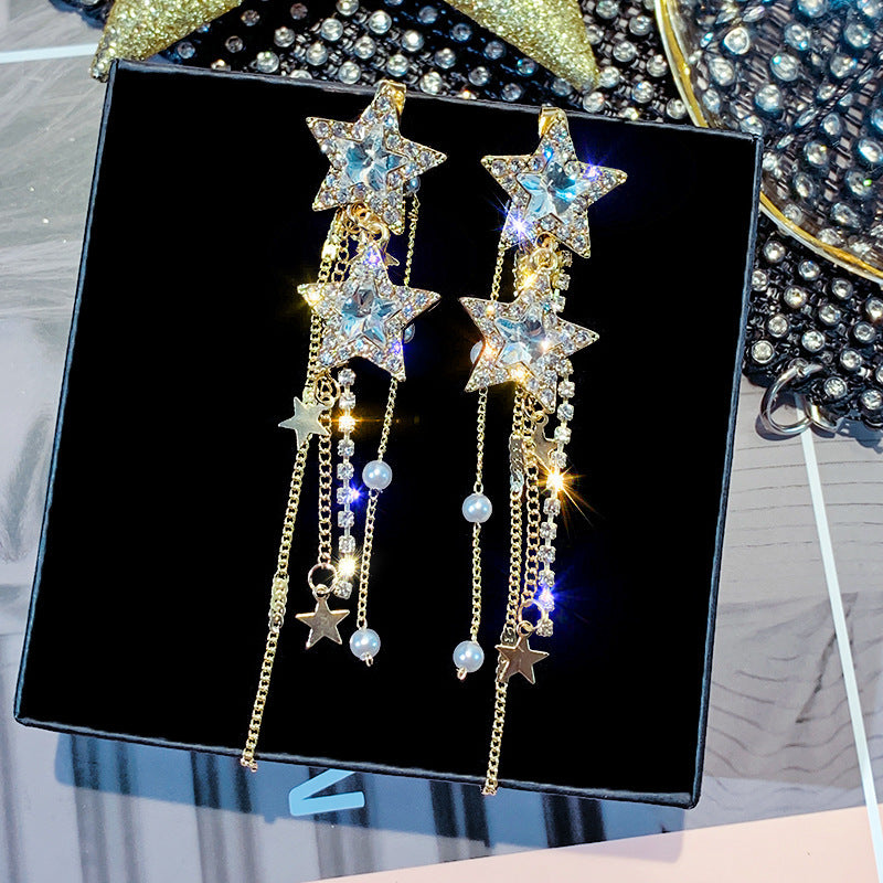 S925 Silver Needle Fashion Long Fringed Rhinestone Earrings