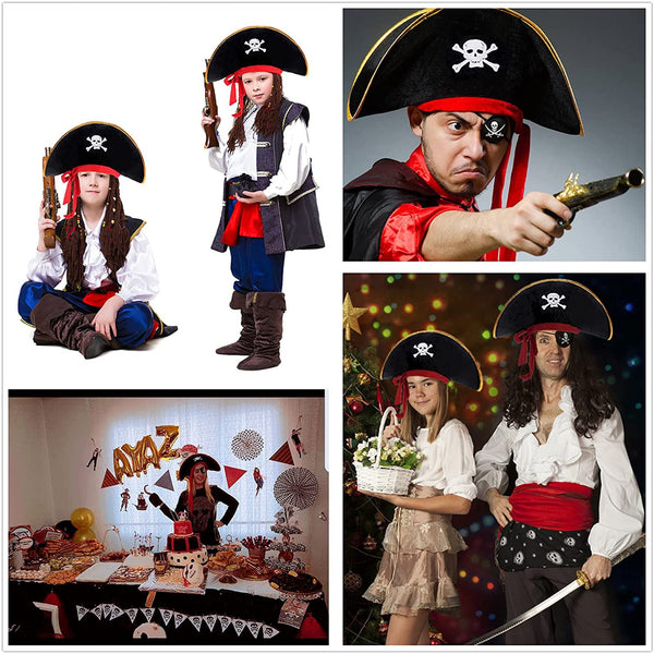 Halloween Pirate Hat Skull Print Adult Kids Pirate Captain Hat Cosplay Costume Cap Birthday Masquerade Party Prop Decor Supplies