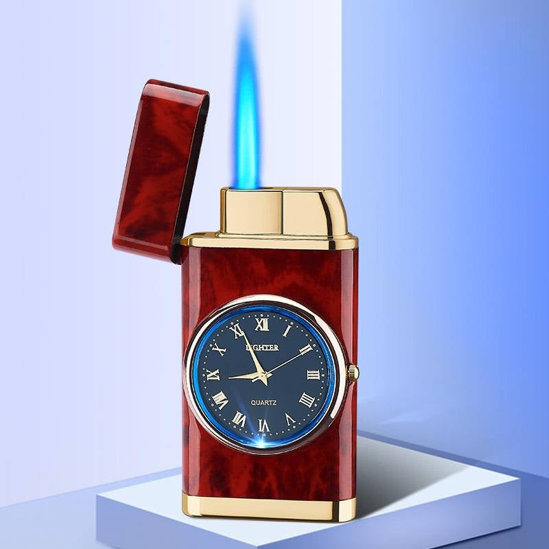 Nuevo encendedor con reloj eléctrico Brazo basculante Encendido automático Encendedor de llama azul recto Esfera real creativa Encendedor inflable a prueba de viento Reloj para hombres Regalo