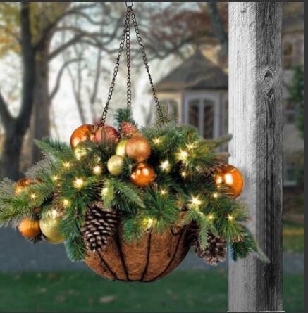 Pre-lit Artificial Christmas Hanging Basket, Mixed Decorations And White LED Lights