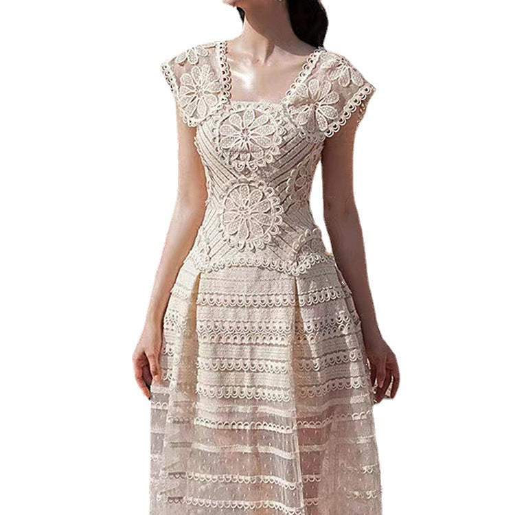 Machine Embroidery Lace Waist-tight Midi Dress