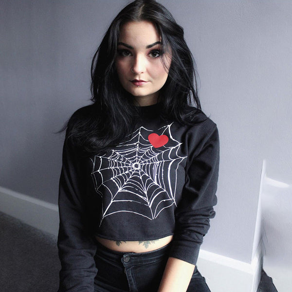 Dark Design Personality Spider Web Heart Print Ladies Top