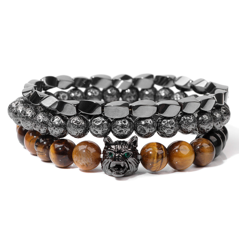 Pulsera Cabeza De Lobo Galvanoplastia De Piedra Natural Para Hombre