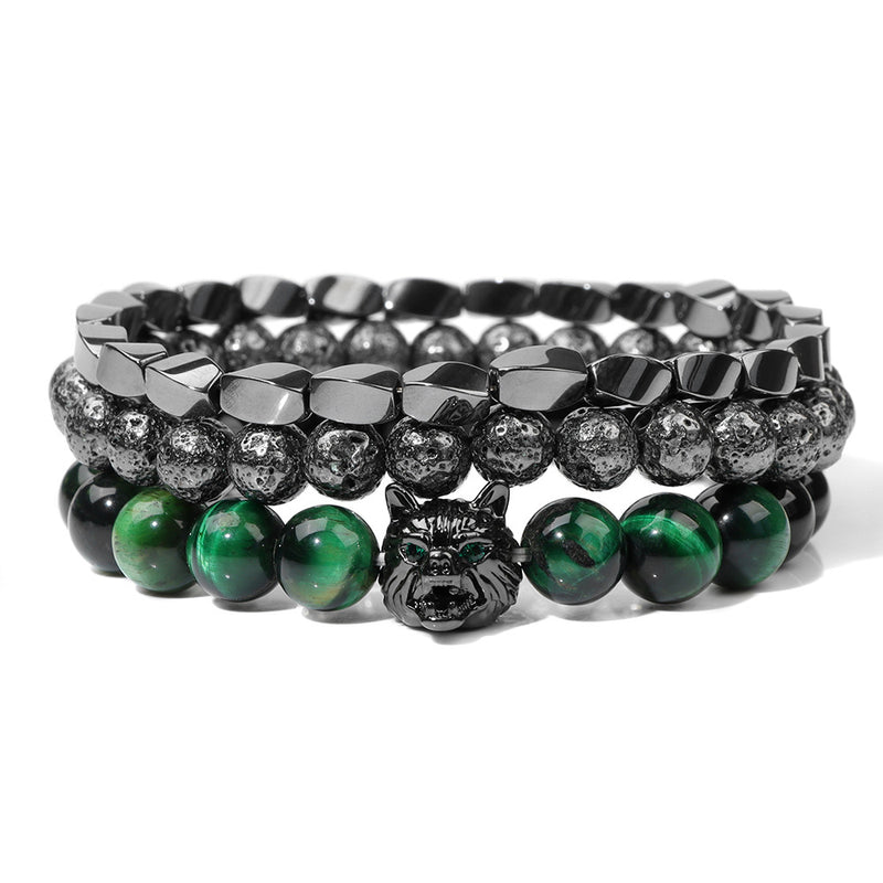 Pulsera Cabeza De Lobo Galvanoplastia De Piedra Natural Para Hombre