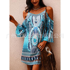 Women's Summer Printed V-neck Hollow-out Short Sleeve Suspenders Dress